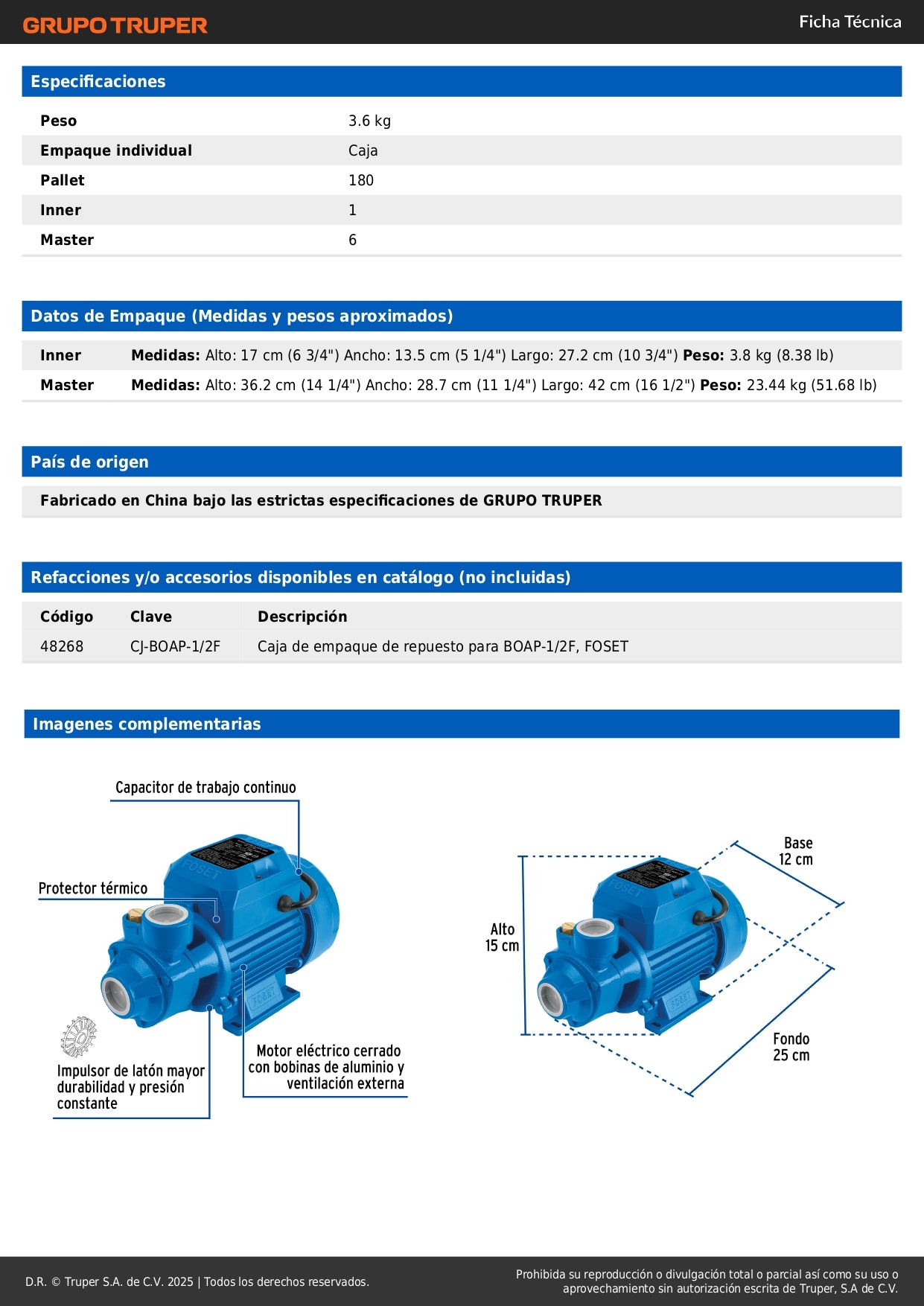 Bomba Periférica FOSET 1/2HP 25m Altura - Bombeo Agua Limpia Uso Agrícola BOAP-1/2F