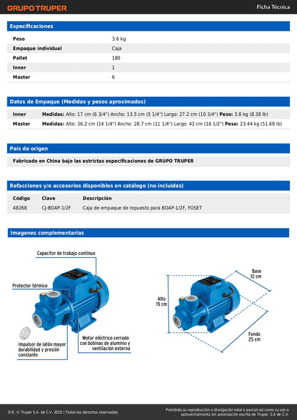 Bomba Periférica FOSET 1/2HP 25m Altura - Bombeo Agua Limpia Uso Agrícola BOAP-1/2F