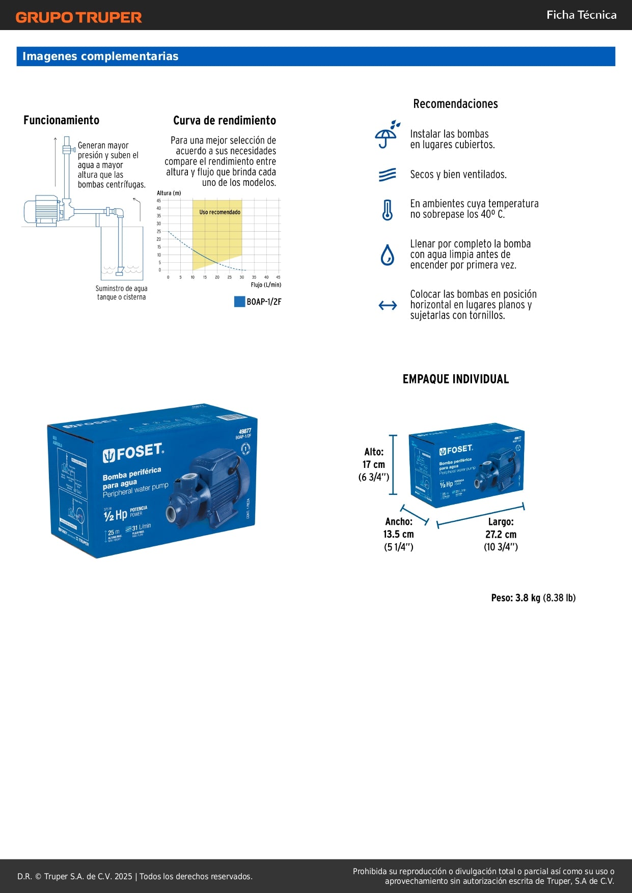 Bomba Periférica FOSET 1/2HP 25m Altura - Bombeo Agua Limpia Uso Agrícola BOAP-1/2F