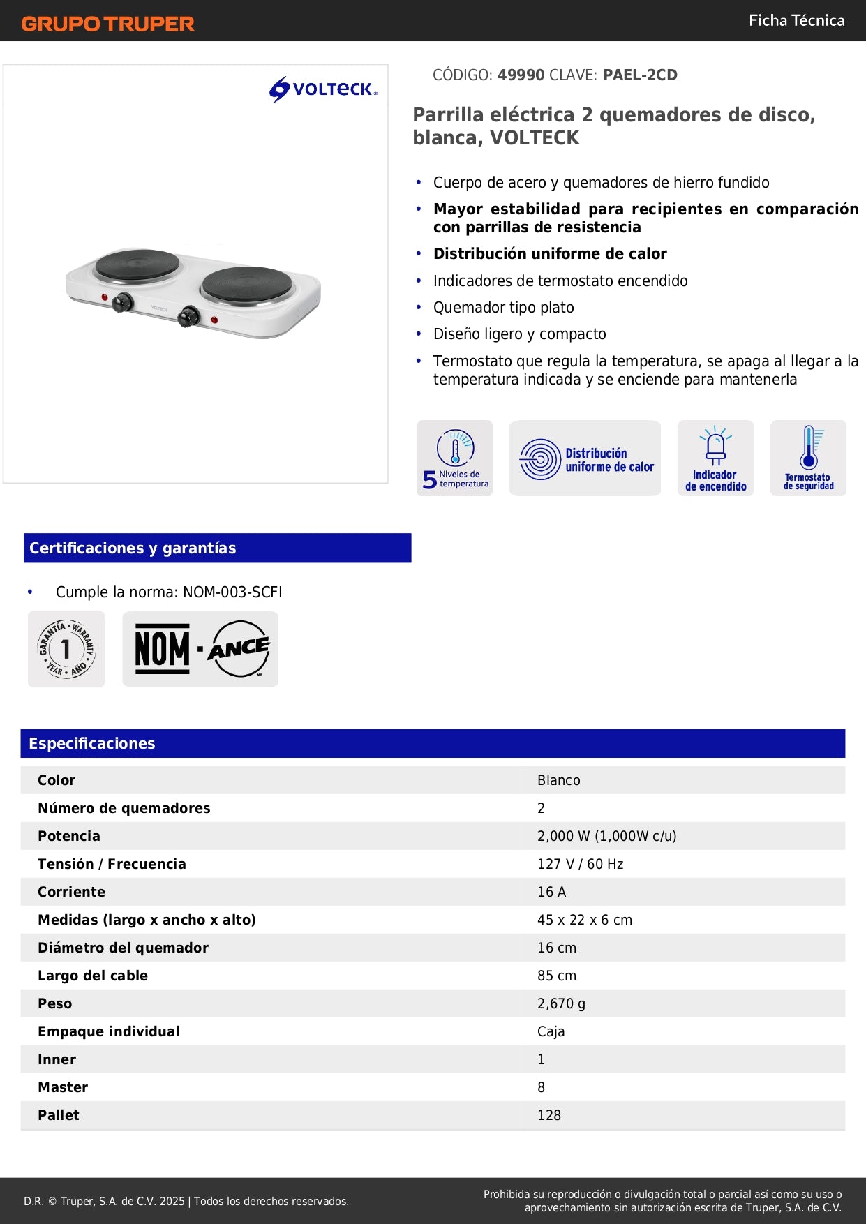 Parrilla Eléctrica VOLTECK 2 Quemadores Disco - Cocción Uniforme Sin Gas - PAEL-2CD
