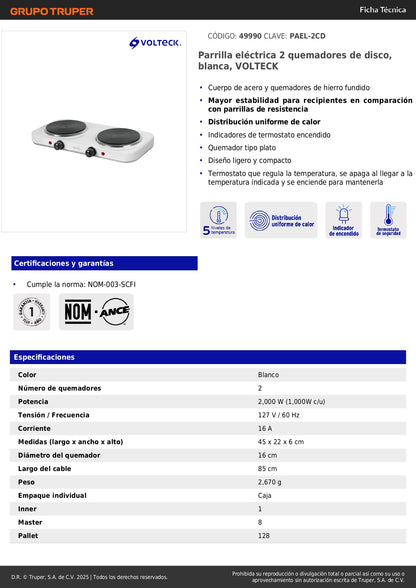 Parrilla Eléctrica VOLTECK 2 Quemadores Disco - Cocción Uniforme Sin Gas - PAEL-2CD