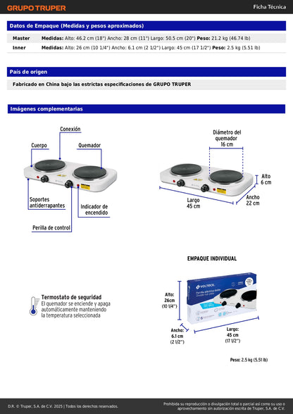Parrilla Eléctrica VOLTECK 2 Quemadores Disco - Cocción Uniforme Sin Gas - PAEL-2CD