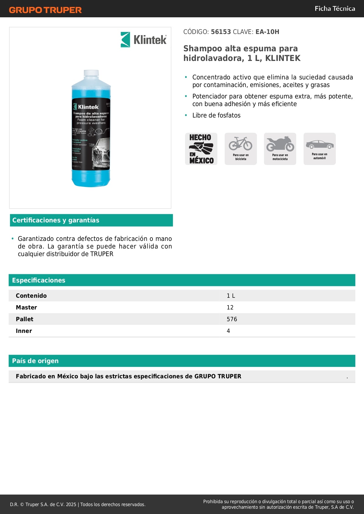 Shampoo Concentrado Alta Espuma KLINTEK EA-10H - Elimina Grasa y Aceite para Hidrolavadora 1L - Libre de Fosfatos