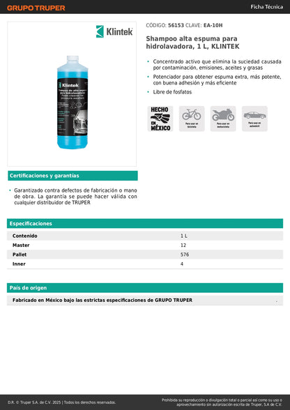 Shampoo Concentrado Alta Espuma KLINTEK EA-10H - Elimina Grasa y Aceite para Hidrolavadora 1L - Libre de Fosfatos