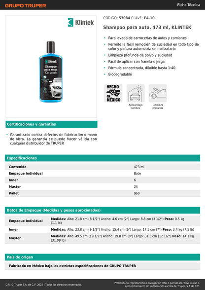 Shampoo Automotriz KLINTEK EA-10 473ml - Limpieza Profunda para Carrocerías de Autos y Camiones - Fórmula Concentrada Biodegradable