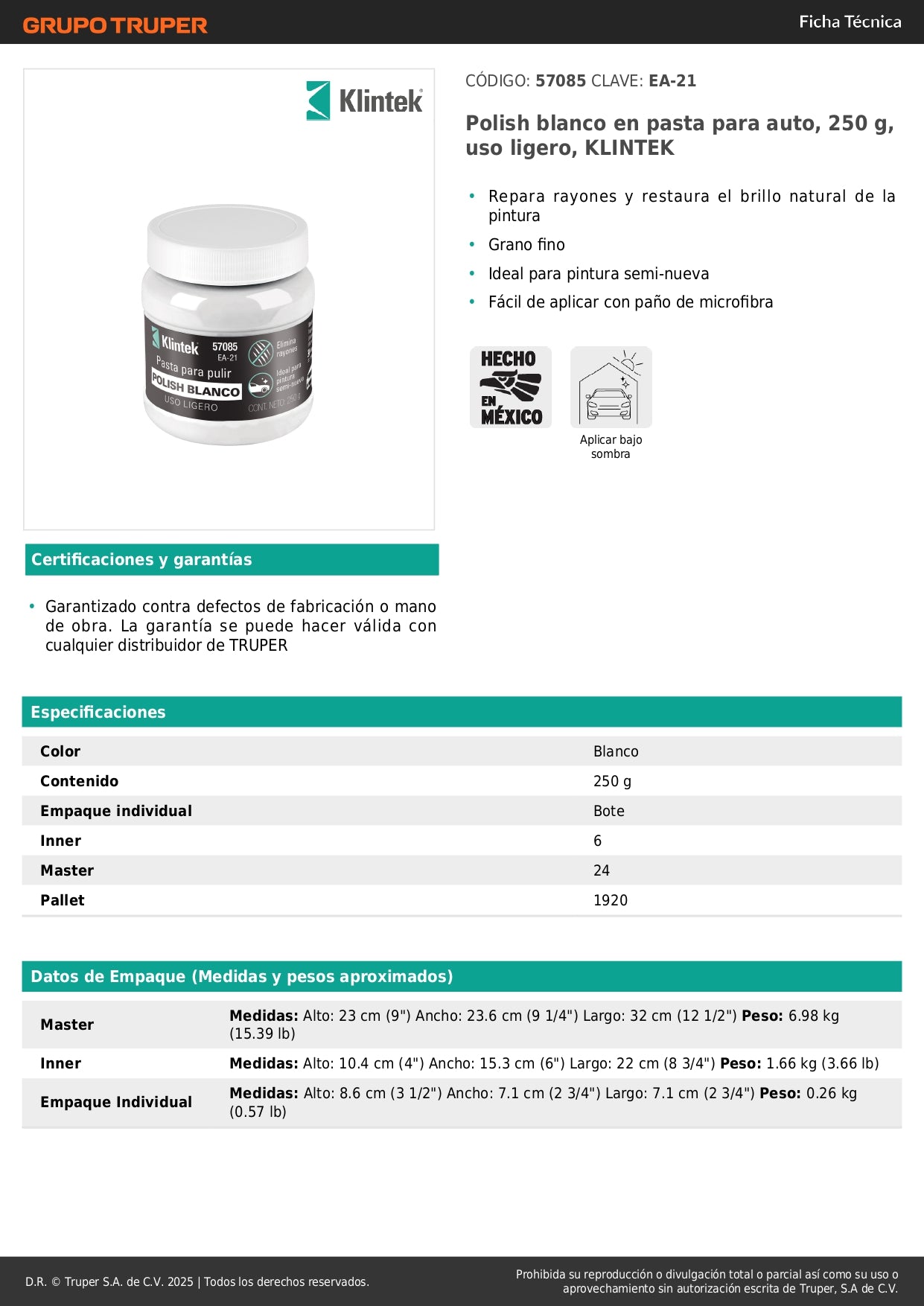 Polish Blanco Pasta Automotriz KLINTEK 250g - Elimina Rayones y Restaura Brillo Natural - Grano Fino para Pintura Semi-Nueva - Fácil Aplicación