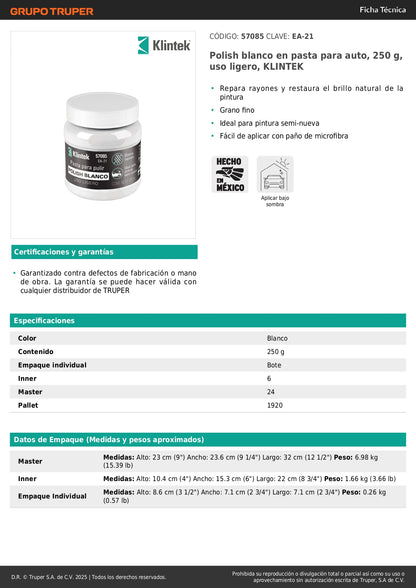 Polish Blanco Pasta Automotriz KLINTEK 250g - Elimina Rayones y Restaura Brillo Natural - Grano Fino para Pintura Semi-Nueva - Fácil Aplicación