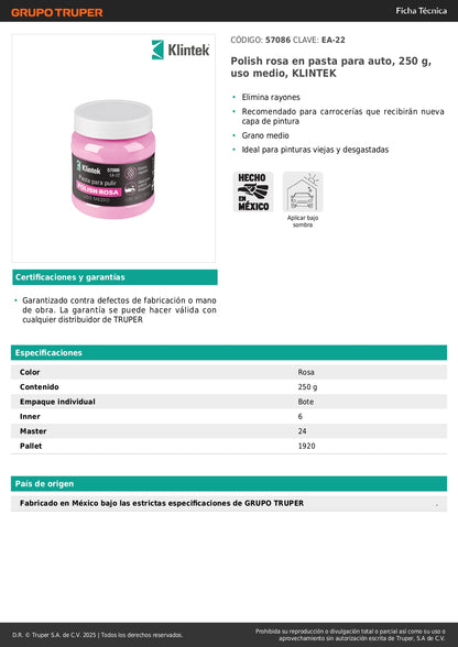 Polish Rosa en Pasta KLINTEK EA-22 - Elimina Rayones y Restaura Pintura Desgastada para Auto 250g Grano Medio