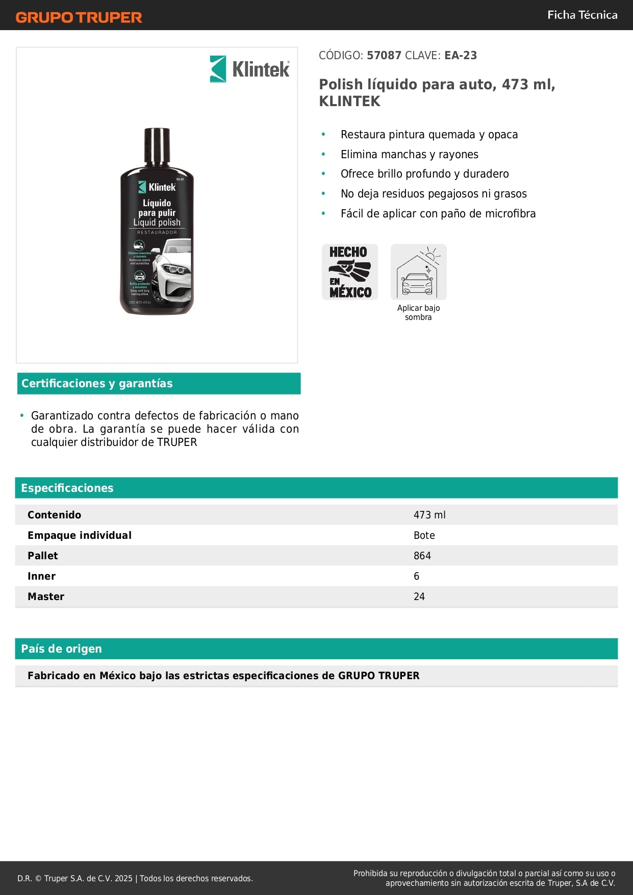Polish Líquido Automotriz KLINTEK EA-23 473ml - Restaura Pintura Quemada, Elimina Rayones y Manchas, Brillo Profundo Duradero para Auto