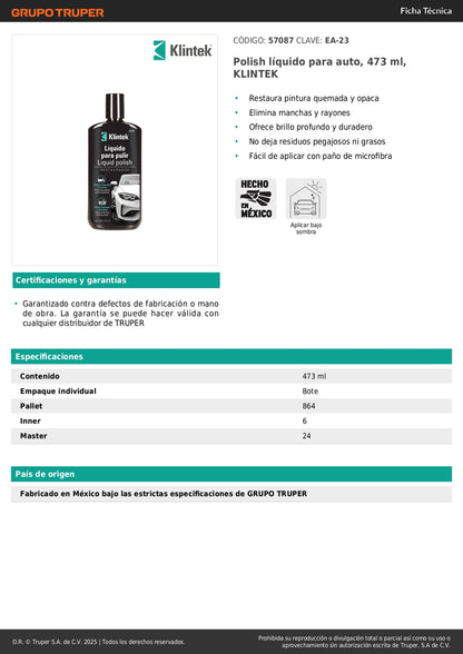 Polish Líquido Automotriz KLINTEK EA-23 473ml - Restaura Pintura Quemada, Elimina Rayones y Manchas, Brillo Profundo Duradero para Auto