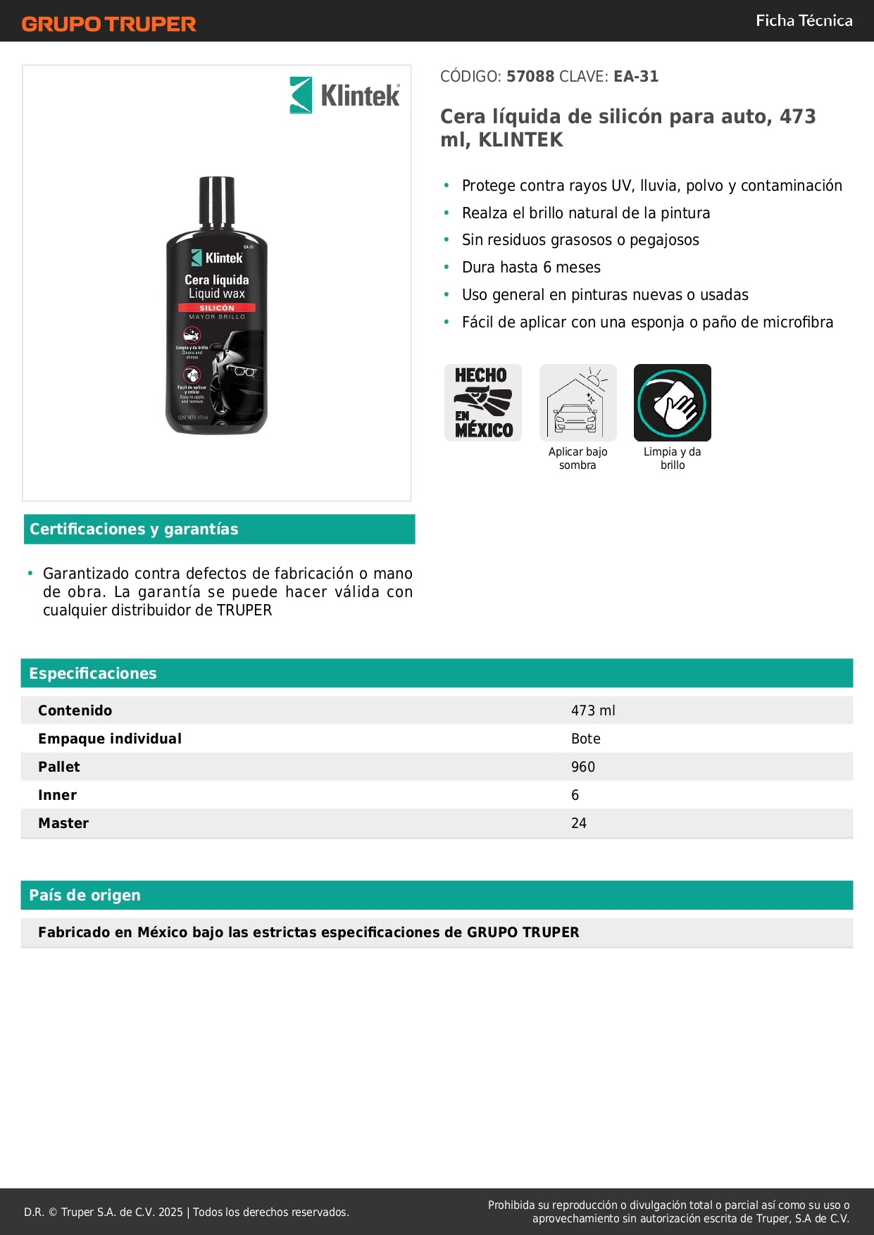 Cera Líquida de Silicón KLINTEK 473ml - Protección UV Profesional para Auto - Brillo Duradero 6 Meses - Fácil Aplicación Sin Residuos - EA-31