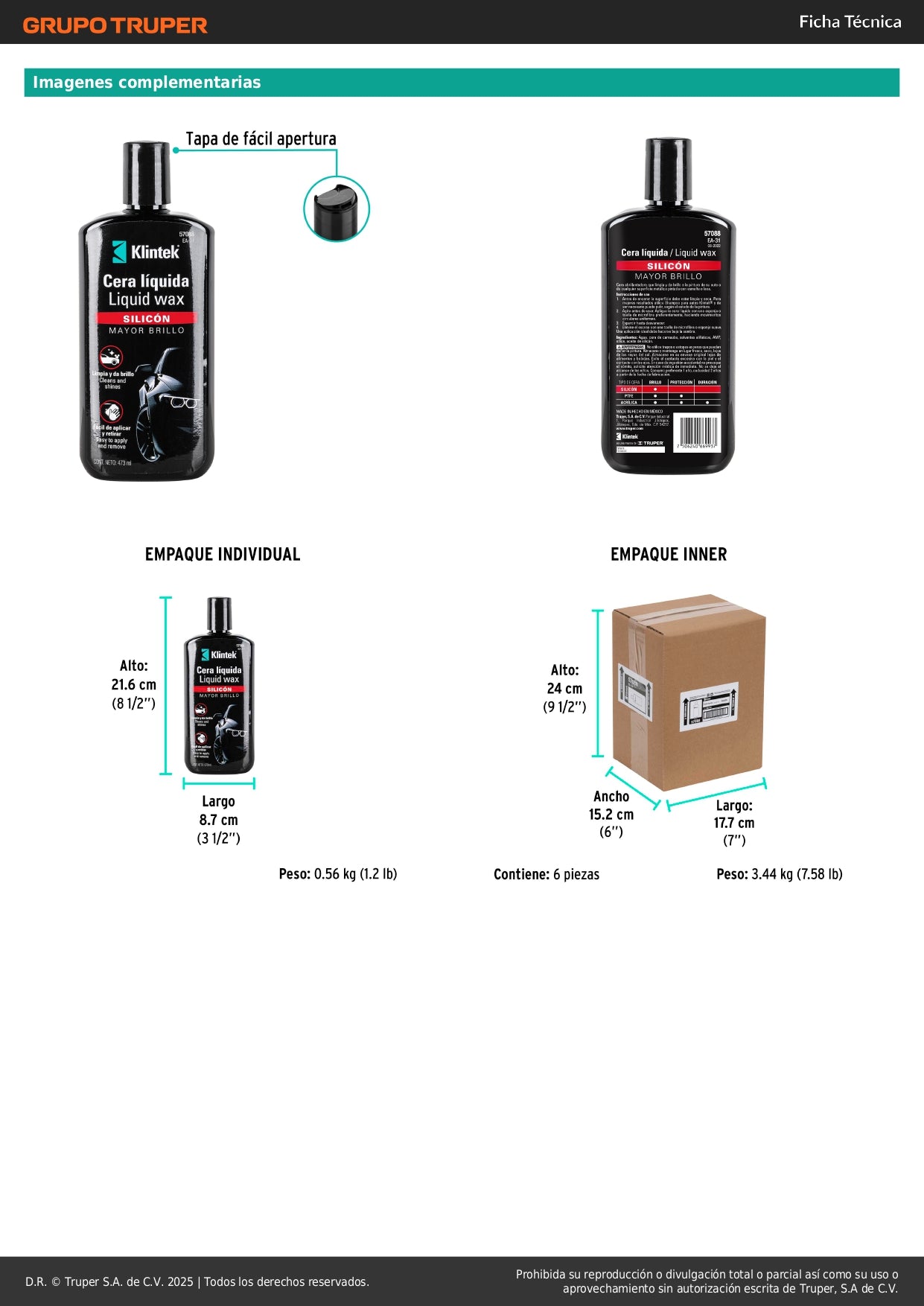 Cera Líquida de Silicón KLINTEK 473ml - Protección UV Profesional para Auto - Brillo Duradero 6 Meses - Fácil Aplicación Sin Residuos - EA-31