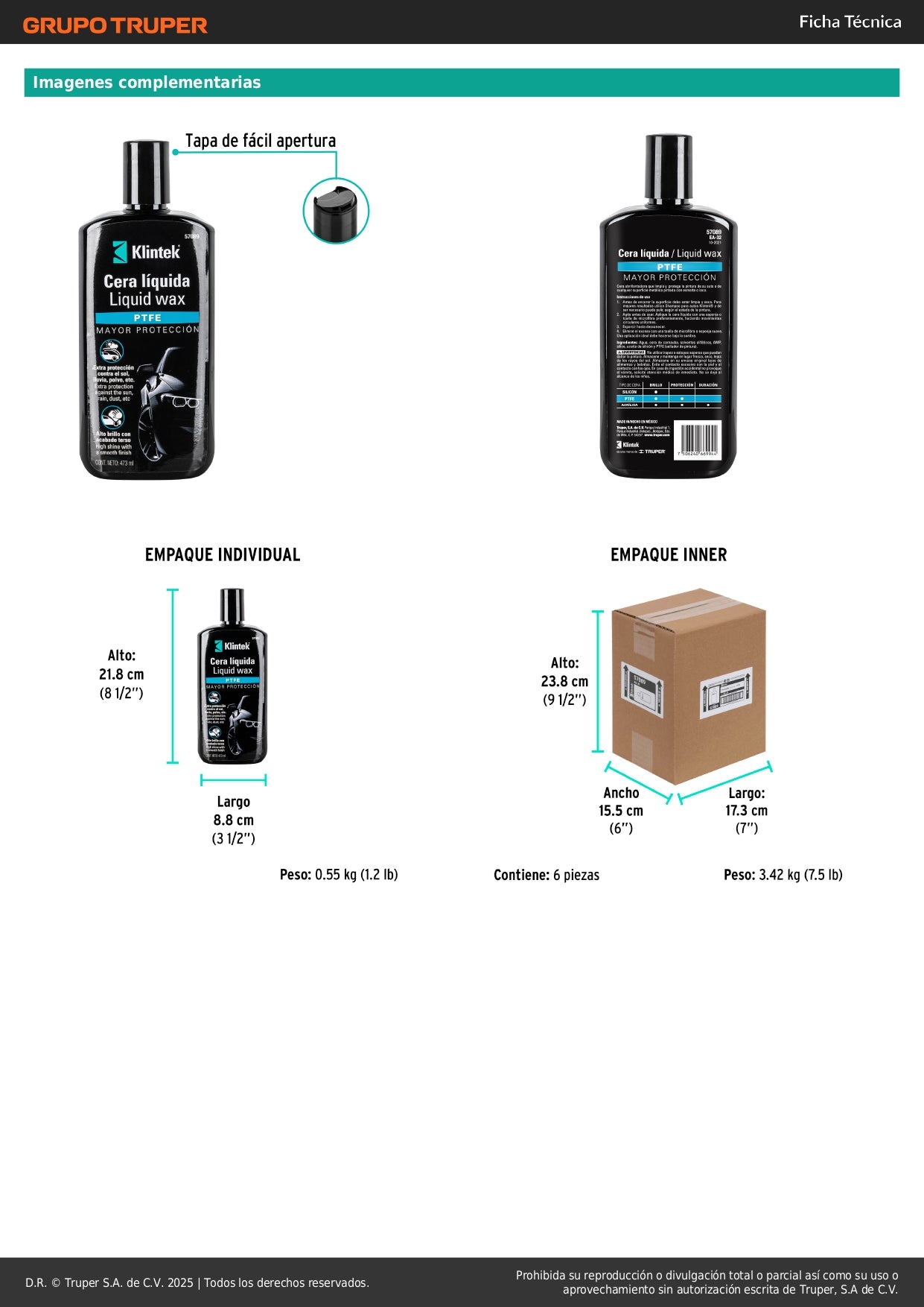 Cera Líquida PTFE KLINTEK EA-32 473ml - Protección UV Profesional 6 Meses Contra Lluvia Polvo Contaminación - Encerado Automotriz Premium