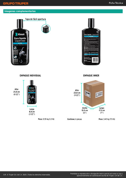 Cera Líquida PTFE KLINTEK EA-32 473ml - Protección UV Profesional 6 Meses Contra Lluvia Polvo Contaminación - Encerado Automotriz Premium