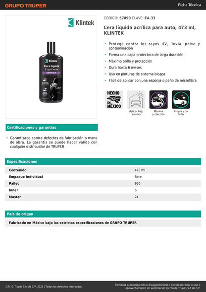 Cera Líquida Acrílica KLINTEK EA-33 473ml - Protección UV Máximo Brillo Auto 6 Meses Duración