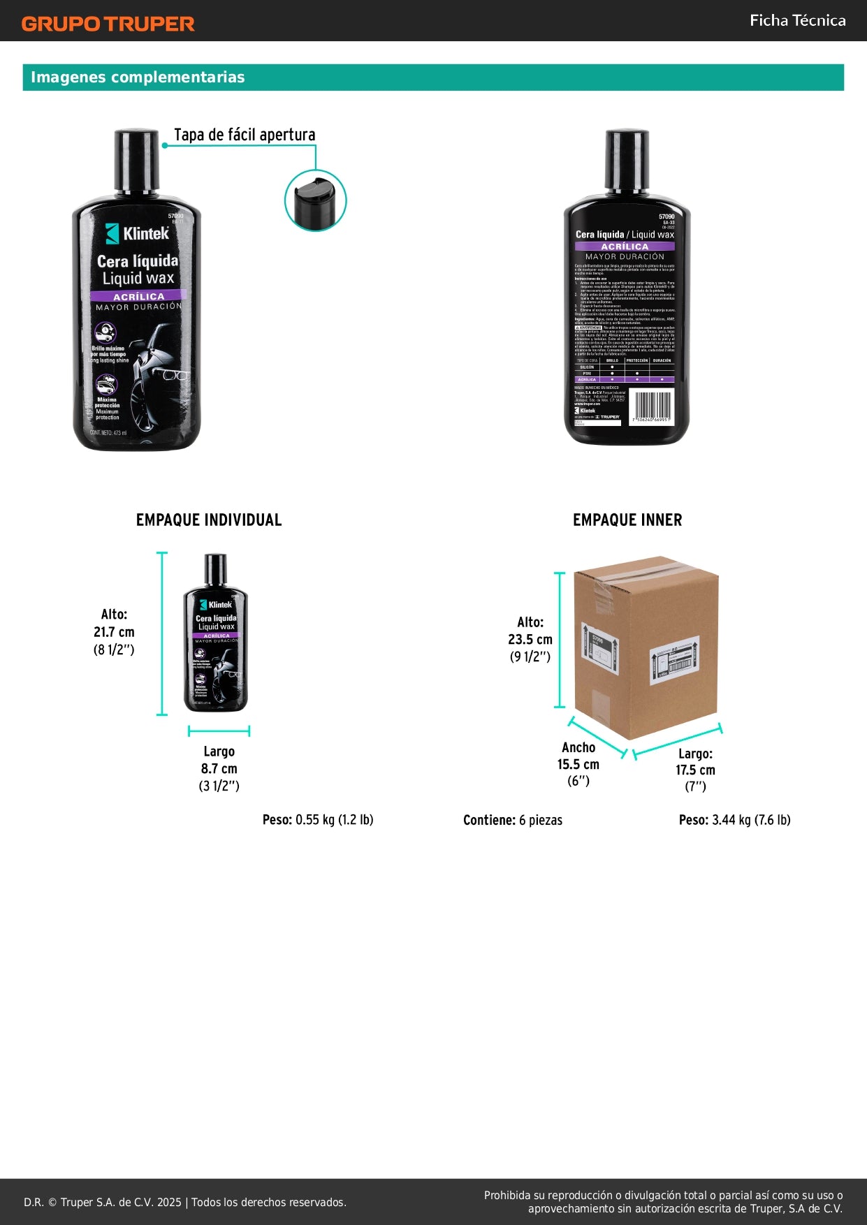 Cera Líquida Acrílica KLINTEK EA-33 473ml - Protección UV Máximo Brillo Auto 6 Meses Duración