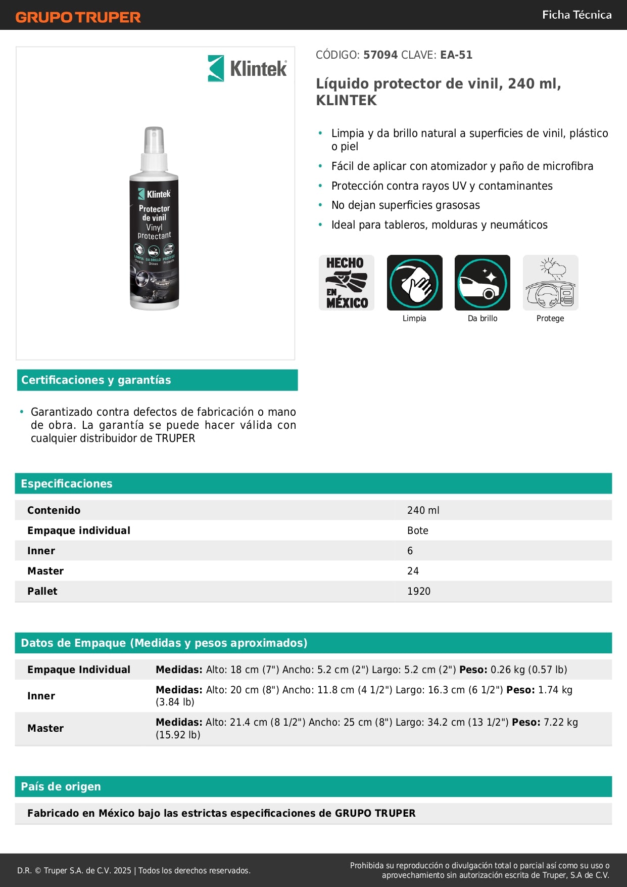KLINTEK EA-51 Protector de Vinil 240ml - Limpiador y Abrillantador Profesional para Tableros, Plásticos y Neumáticos con Protección UV