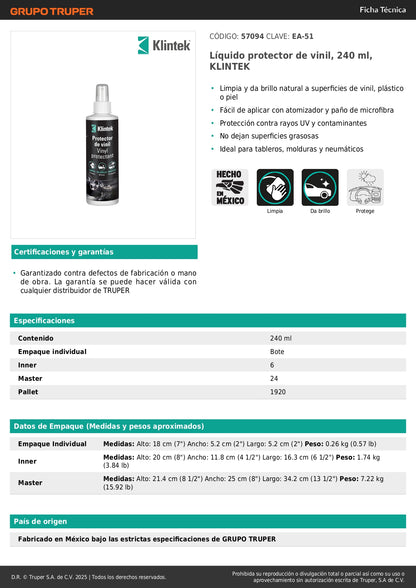 KLINTEK EA-51 Protector de Vinil 240ml - Limpiador y Abrillantador Profesional para Tableros, Plásticos y Neumáticos con Protección UV