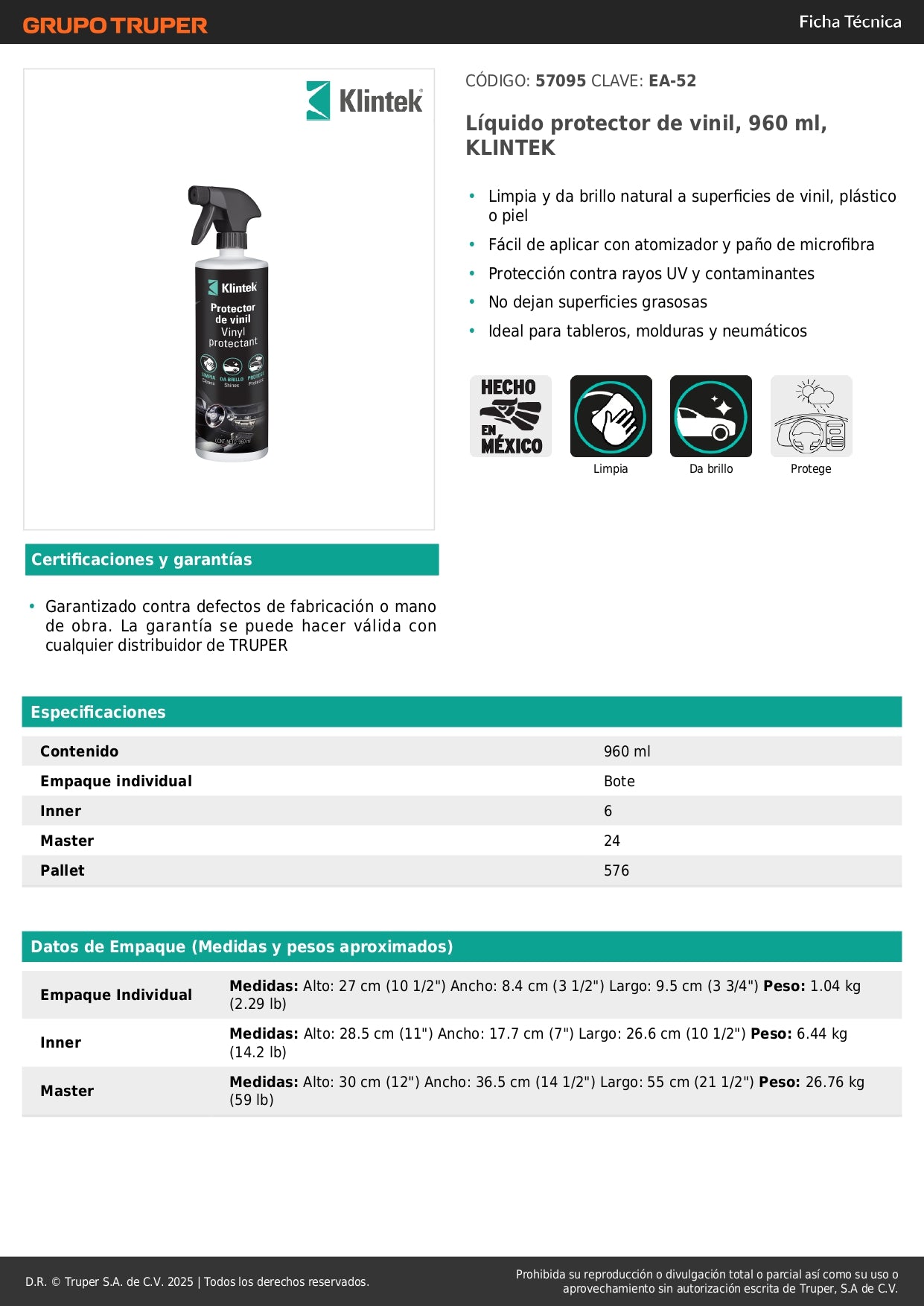 Protector de Vinil KLINTEK EA-52 - Limpiador y Abrillantador UV para Tableros, Plásticos y Neumáticos 960ml