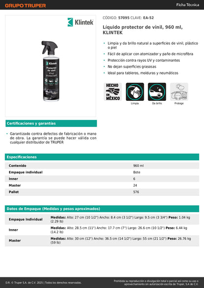 Protector de Vinil KLINTEK EA-52 - Limpiador y Abrillantador UV para Tableros, Plásticos y Neumáticos 960ml