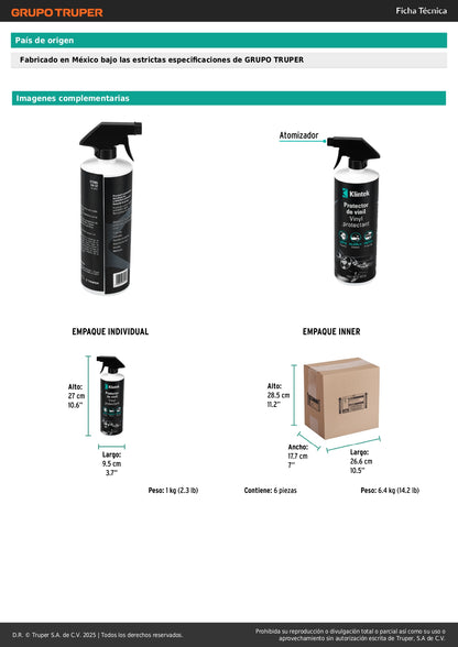 Protector de Vinil KLINTEK EA-52 - Limpiador y Abrillantador UV para Tableros, Plásticos y Neumáticos 960ml