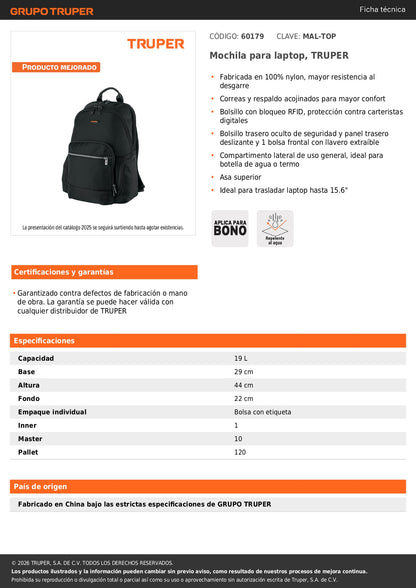Mochila para laptop, TRUPER