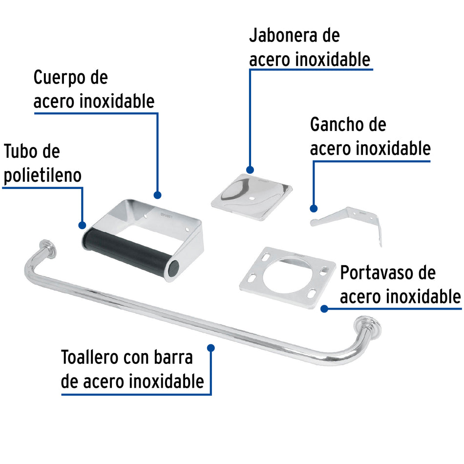 Juego de 5 accesorios para baño de acero inoxidable, Foset, Toallero, Portapapel, Jabonera