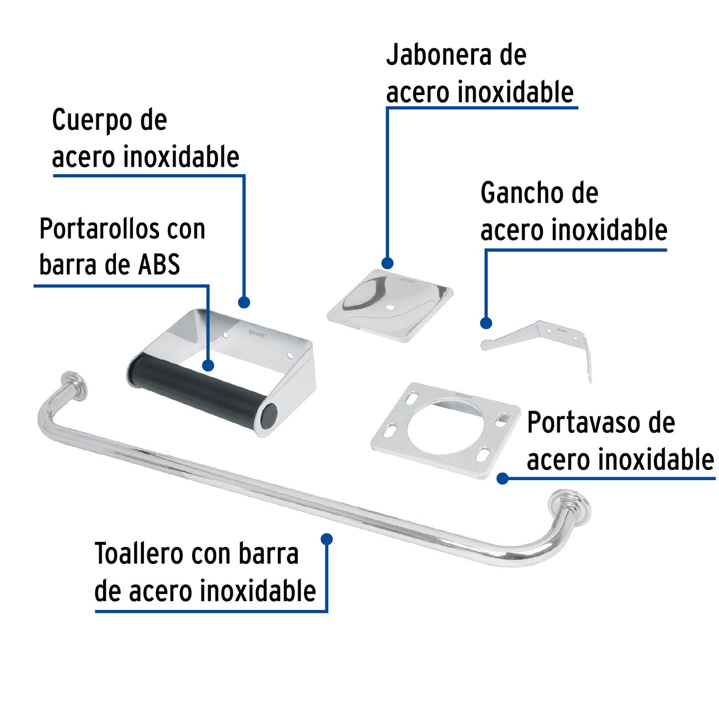 Juego 5 Accesorios Baño Acero Inoxidable A-800 - Organización Completa Baño Moderno