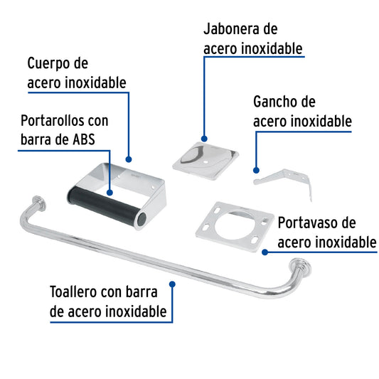 Juego 5 Accesorios Baño Acero Inoxidable A-800 - Organización Completa Baño Moderno