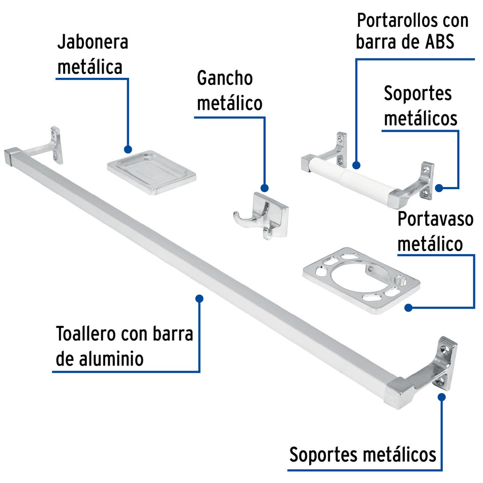 Juego Completo 5 Accesorios Baño Cromados A-900 BASIC - Barra Aluminio + Portarrollos ABS Semiempotrado - Solución Organización Baño Moderno