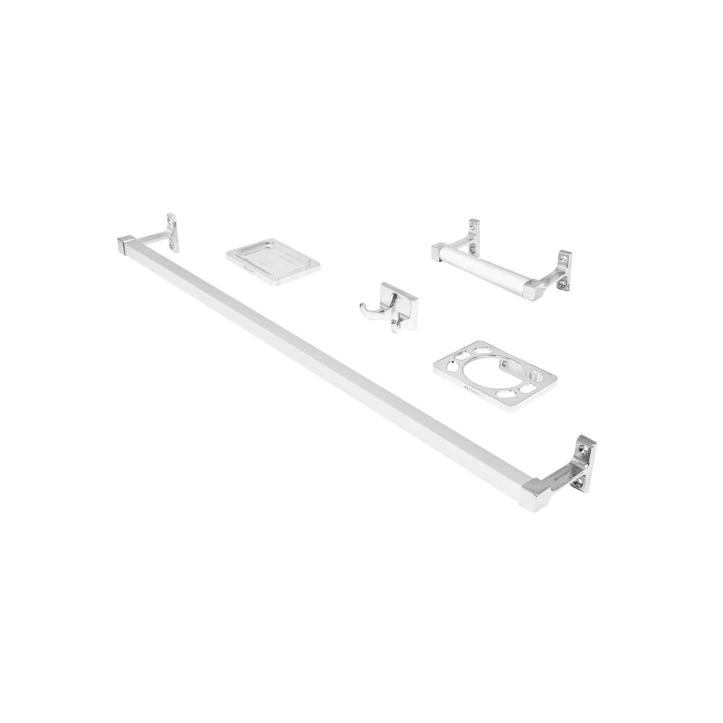 Juego Completo 5 Accesorios Baño Cromados A-900 BASIC - Barra Aluminio + Portarrollos ABS Semiempotrado - Solución Organización Baño Moderno