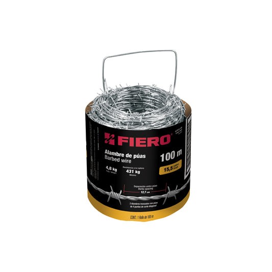 Rollo Alambre de Púas 100m Calibre 15.5 FIERO - Galvanizado 4 Puntas