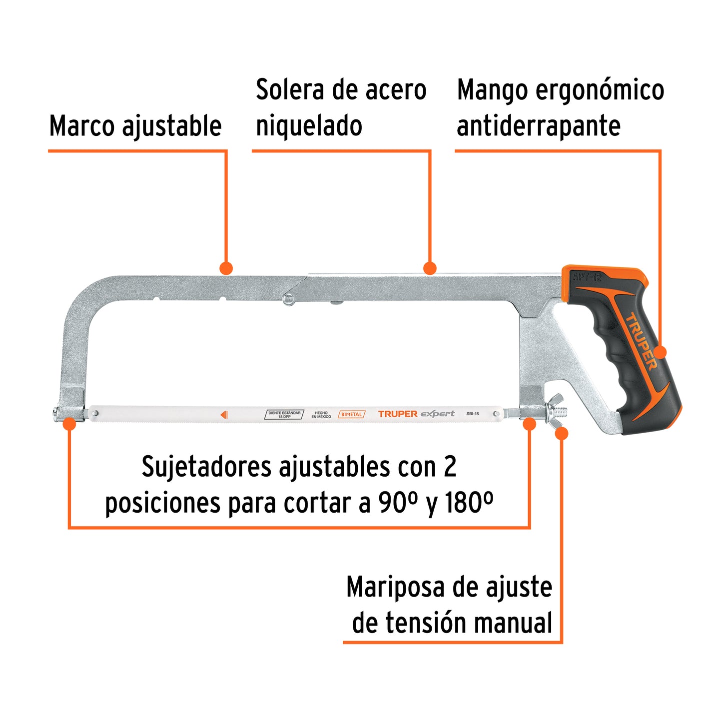 Arco Segueta Profesional 12 Pulgadas Ajustable - Corte Preciso Metal y Madera - Mango Ergonómico Antiderrapante - APT-12