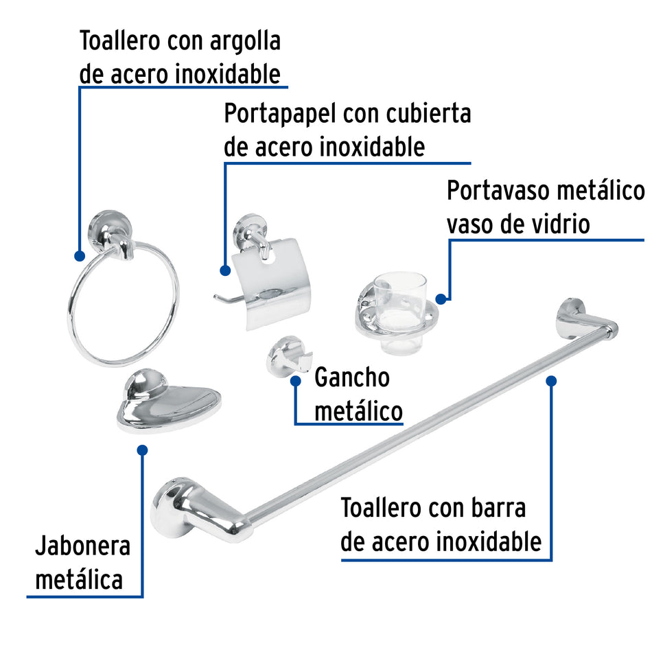 Juego de 6 accesorios para baño metálicos, Foset, Toallero, Portapapel, Jabonera