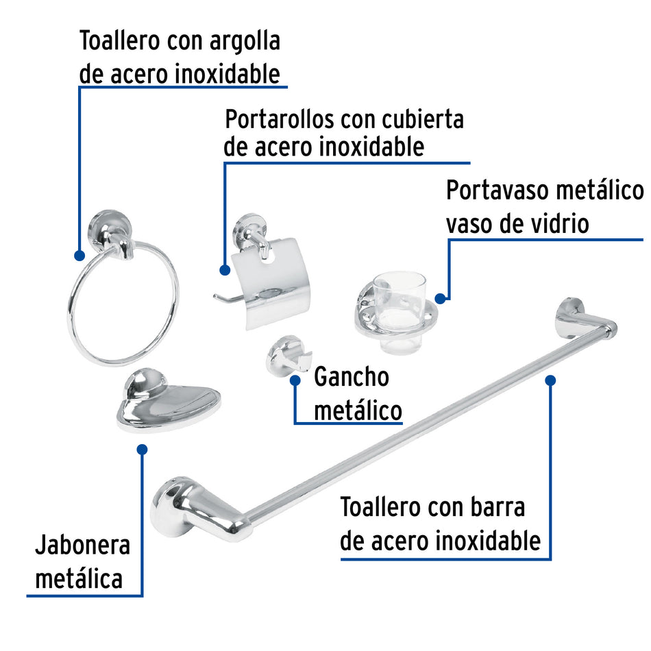 Juego Completo 6 Accesorios Baño Acero Inoxidable FOSET AQUA AQA-4000 - Organiza y Moderniza tu Baño
