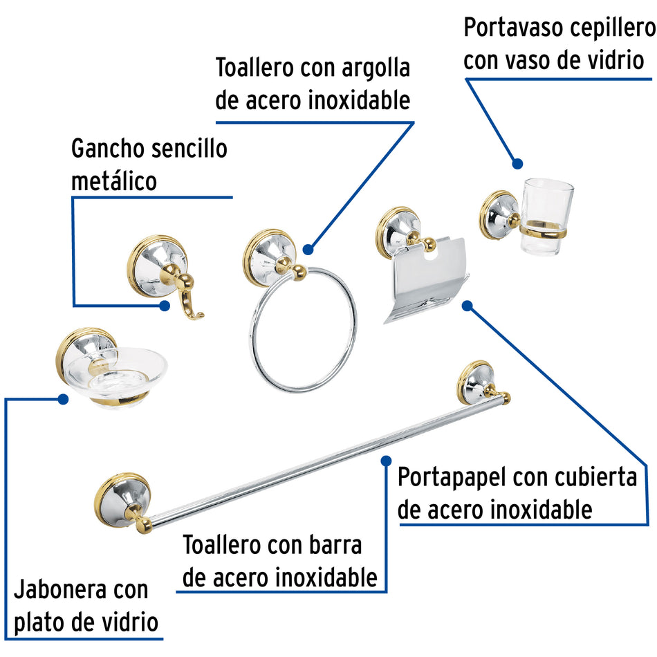 Juego 6 acc. p/baño cromo-oro chapetón redondo grande, Foset, Jabonera, Toallero, Portapapel