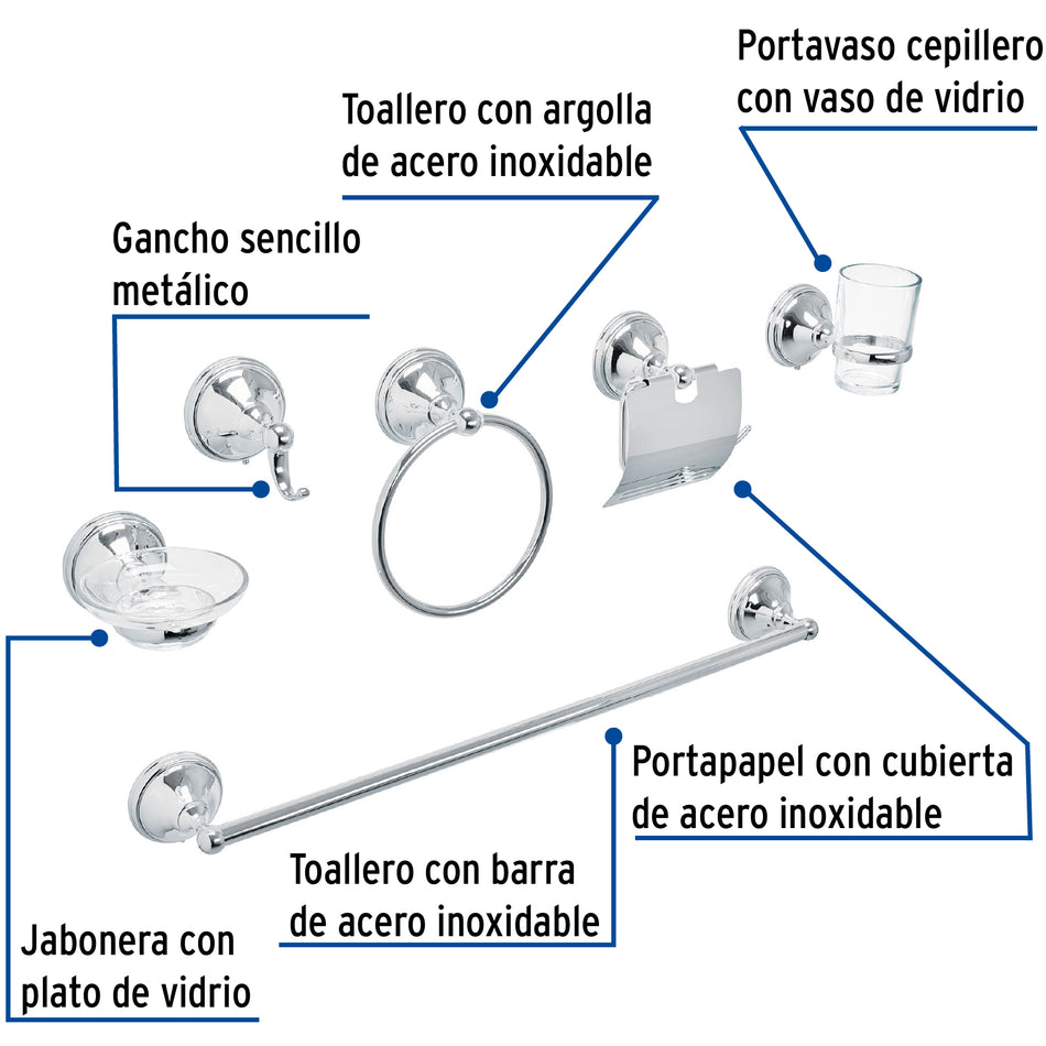 Juego de 6 acc. p/baño cromo chapetón redondo grande, Foset, Toallero, Portapapel, Jabonera