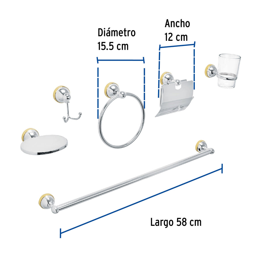 Juego 6 acc. p/baño cromo-oro chapetón redondo chico, Foset, Jabonera, Toallero, Portapapel