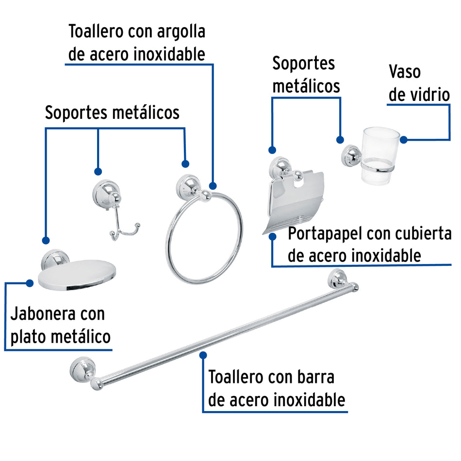 Juego de 6 acc. p/baño cromo chapetón redondo chico, Foset, Toallero, Portapapel, Jabonera