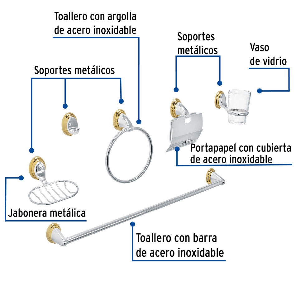 Juego de 6 acc. p/baño cromo-oro chapetón ovalado, Foset, Jabonera, Toallero, Portapapel