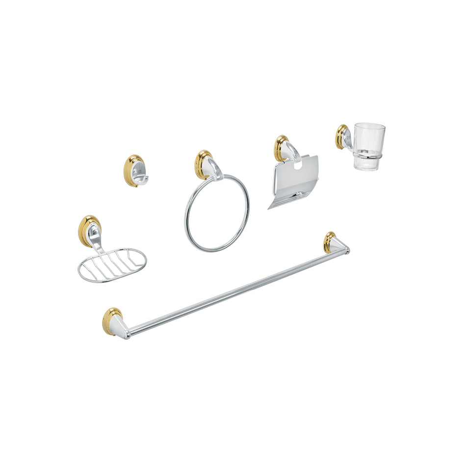 Juego Completo 6 Accesorios para Baño Cromo-Oro AQUA AQA-4003G - Set Profesional Acero Inoxidable con Chapetón Ovalado, Barra Toallero, Aro, Vaso Vidrio y Portarrollos - Solución Elegante para Organizar y Decorar Baños Modernos