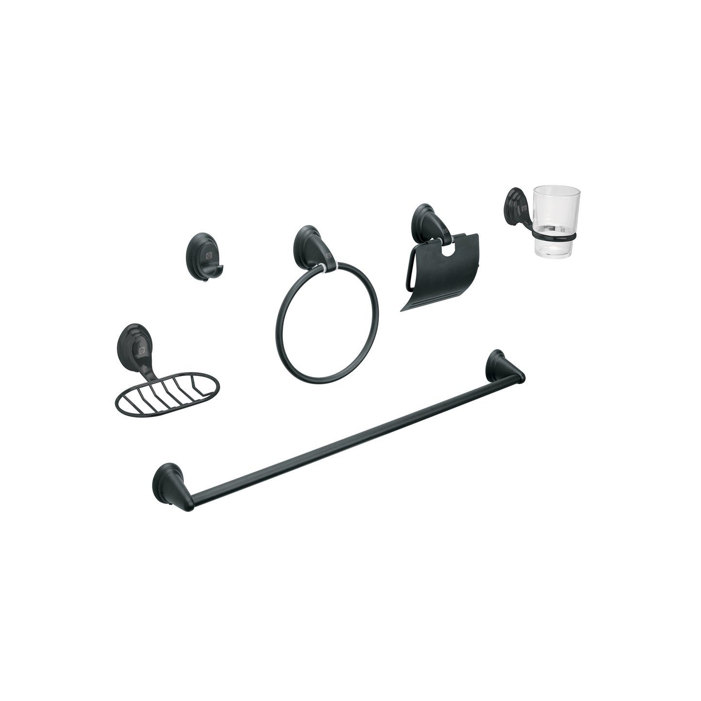 Juego Completo 6 Accesorios Baño Negro Mate AQUA AQA-4003M - Set Profesional Acero Inoxidable con Vaso Vidrio y Portarrollos - Solución Integral Organización Baño Moderno