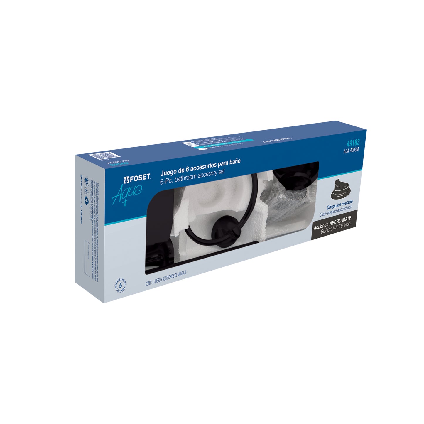 Juego Completo 6 Accesorios Baño Negro Mate AQUA AQA-4003M - Set Profesional Acero Inoxidable con Vaso Vidrio y Portarrollos - Solución Integral Organización Baño Moderno