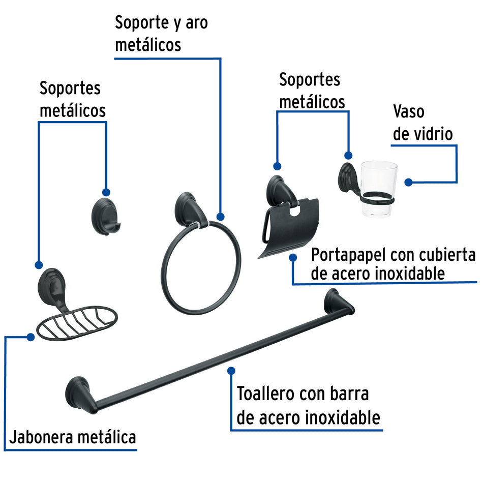 Juego de 6 acc. p/baño negro mate chapetón ovalado, Foset, Jabonera, Toallero, Portapapel