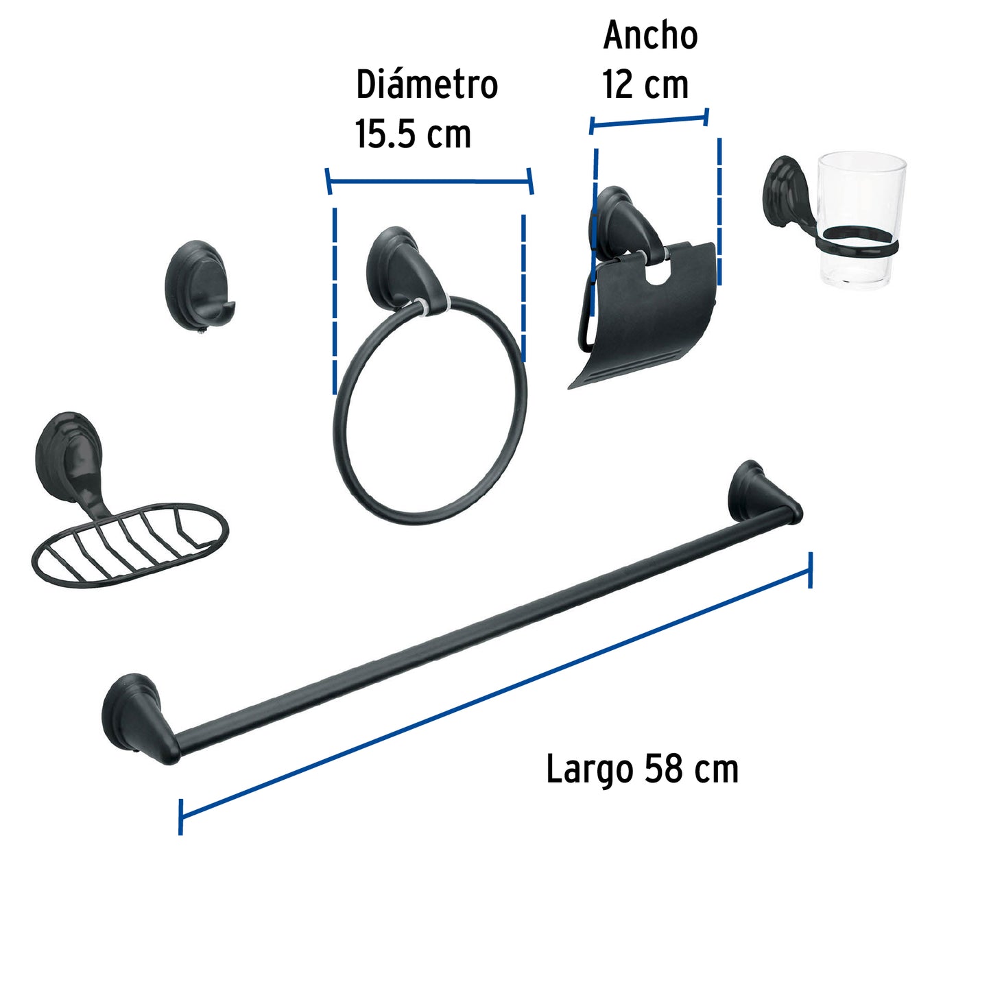 Juego Completo 6 Accesorios Baño Negro Mate AQUA AQA-4003M - Set Profesional Acero Inoxidable con Vaso Vidrio y Portarrollos - Solución Integral Organización Baño Moderno