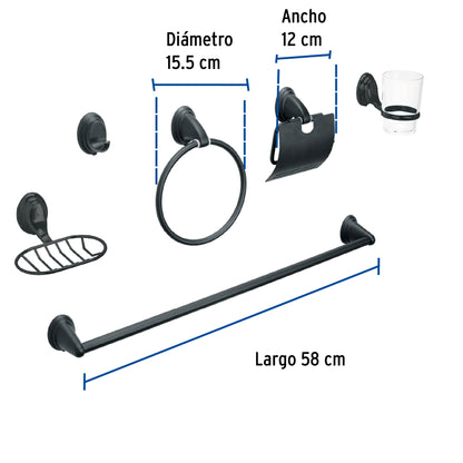 Juego Completo 6 Accesorios Baño Negro Mate AQUA AQA-4003M - Set Profesional Acero Inoxidable con Vaso Vidrio y Portarrollos - Solución Integral Organización Baño Moderno