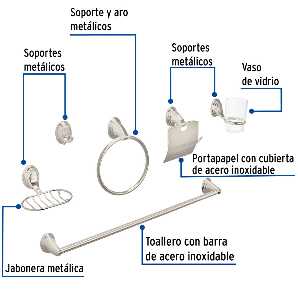 Juego de 6 accesorios p/baño satín chapetón ovalado, Foset, Toallero, Portapapel, Jabonera