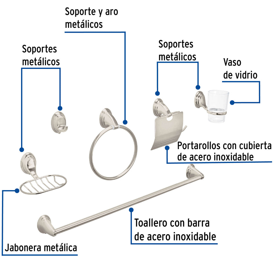 Juego Completo 6 Accesorios Baño Acero Inoxidable Satín AQUA AQA-4003N - Organización Total Baño Moderno