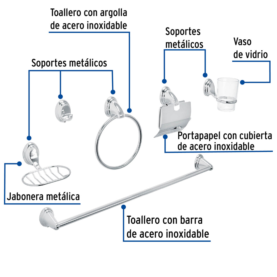 Juego de 6 accesorios p/baño cromo chapetón ovalado, Foset, Toallero, Portapapel, Jabonera