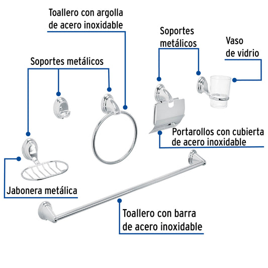 Juego Completo 6 Accesorios Baño Cromo Inoxidable AQUA AQA-4003 - Organización Total Baño Moderno